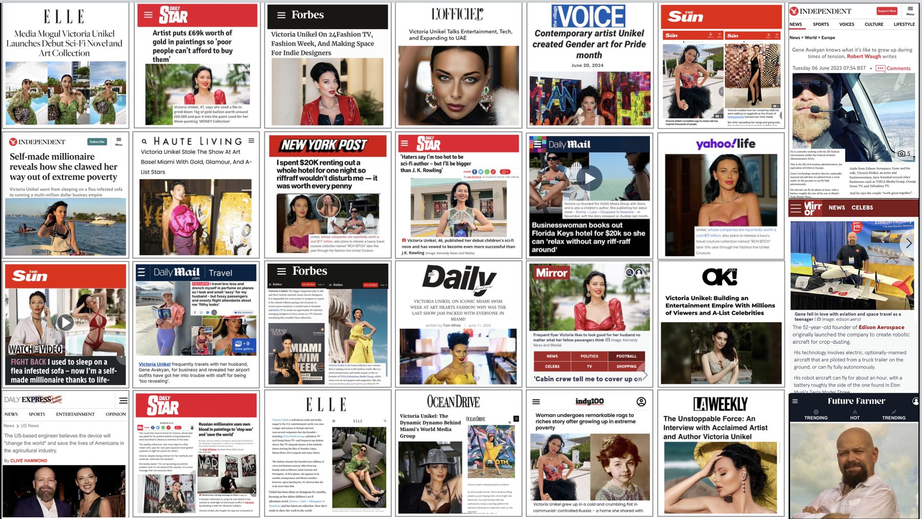 Selected press coverage of Victoria Unikel, Gene Avakyan and VUGA Enterprises — featured in ELLE, Forbes, Daily Star, L&rsquo;Officiel, Village Voice, The Sun, The Independent, Haute Living, NY Post, Daily Mail, Yahoo Life, OK!, LA Weekly, Daily Front Row, Ocean Drive, Indy100, Mirror and Daily Express.